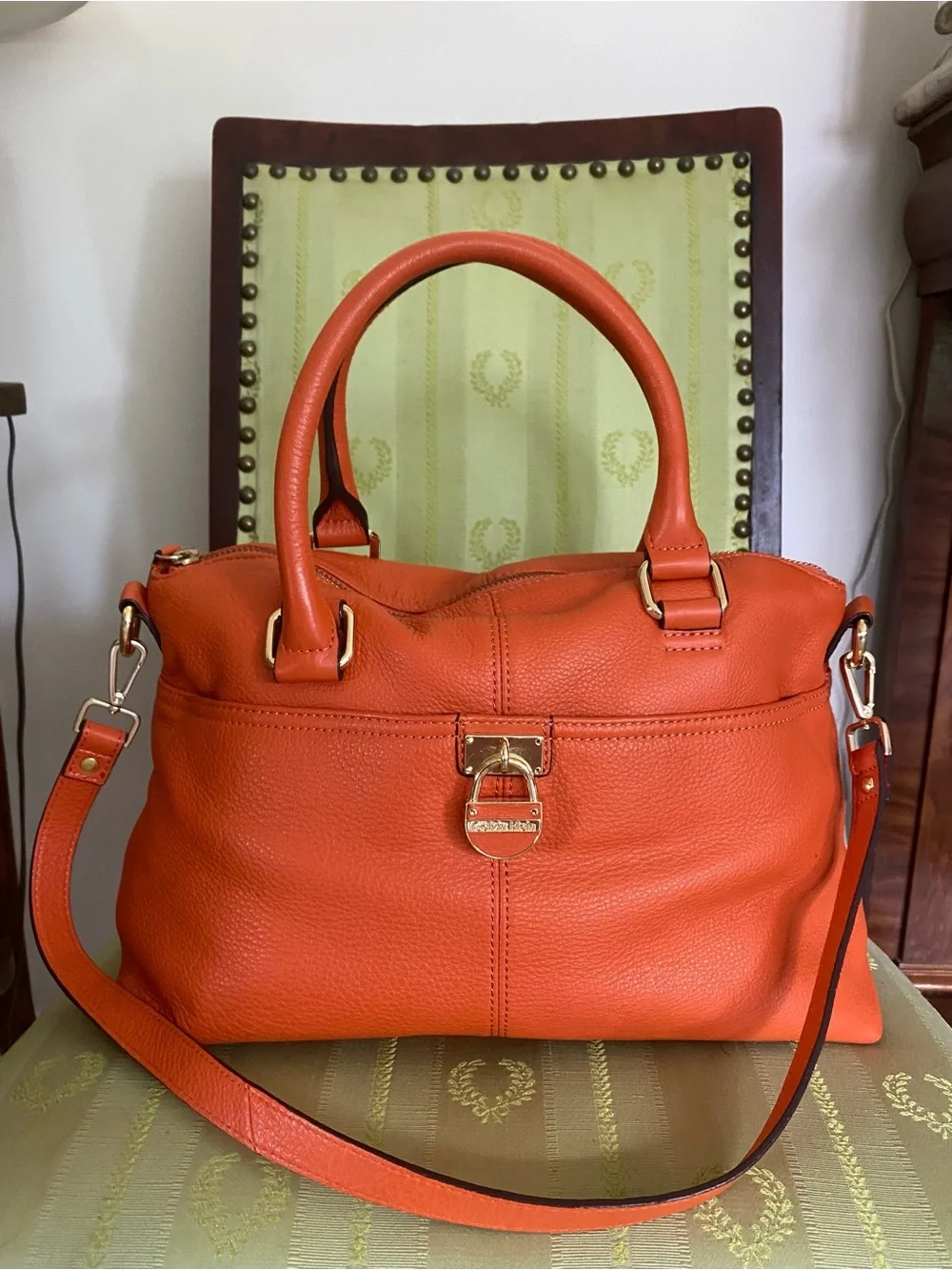Calvin Klein Burt Orange Leather Satchel Tote Removable Strap Classic Bag Autumn